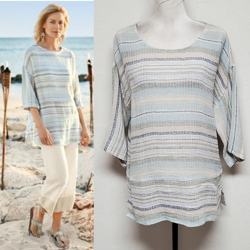 Soft Surroundings Seaside Blue Sand Woven Cotton Pullover Tunic Blouse Small